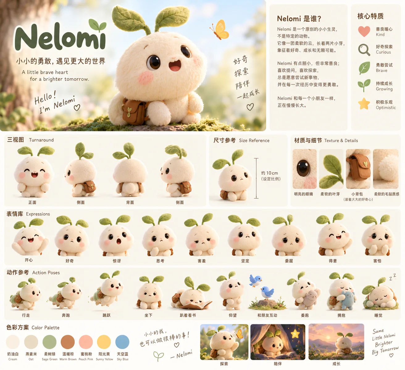 Nelomi 的定稿形象:奶油色毛毡身体、两片绿芽和棕色小挎包